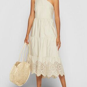 Gap One Shoulder Tiered Midi Dress with Eyelet Hem - Cream/Khaki